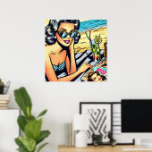Schöne Retro Lady am Strand mit Cocktail Poster (Heimbüro)