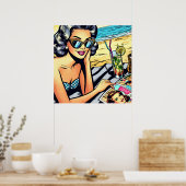 Schöne Retro Lady am Strand mit Cocktail Poster (Küche)