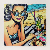 Schöne Retro Lady am Strand mit Cocktail Puzzle (Vertikal)