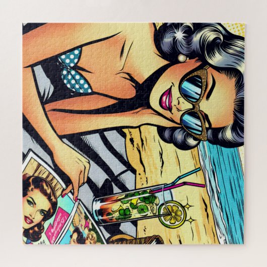 Schöne Retro Lady am Strand mit Cocktail Puzzle (Horizontal)