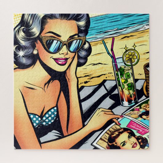 Schöne Retro Lady am Strand mit Cocktail Puzzle (Vertikal)