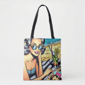 Schöne Retro Lady am Strand mit Cocktail Tasche (Vorderseite)