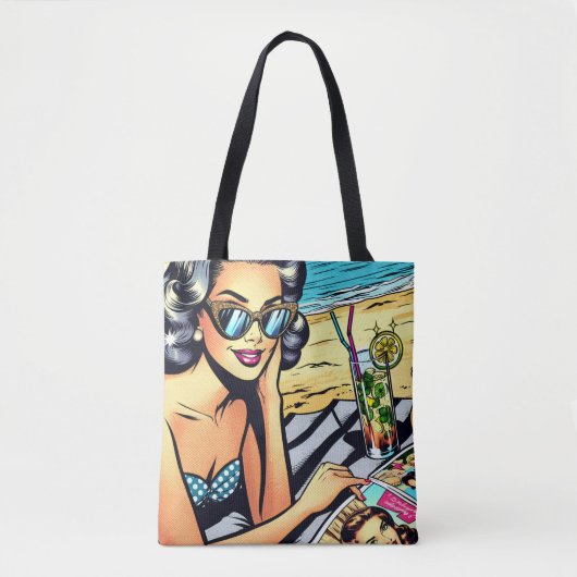 Schöne Retro Lady am Strand mit Cocktail Tasche (Vorderseite)