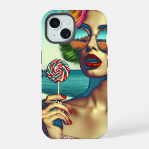 Schöne Retro-Pop-Art-Frau mit Lutscher iPhone 15 Hülle