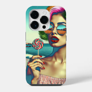 Schöne Retro-Pop-Art-Frau mit Lutscher iPhone 14 Pro Hülle