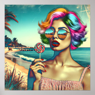 Schöne Retro-Pop-Art-Frau mit Lutscher Poster