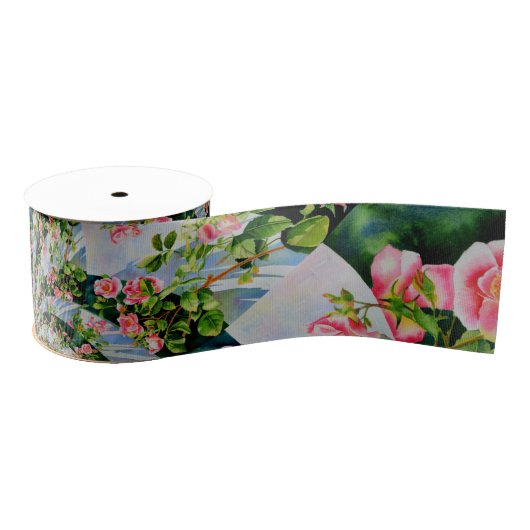Schöne Retro-Rosa rote Rosen Aquarellblüte Ripsband (Spule)
