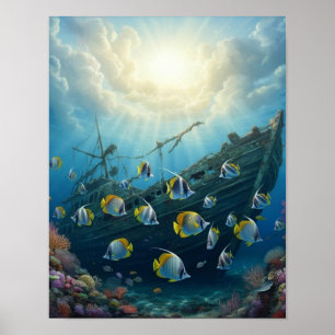 Schöne Riff-Fische mit einem Schiffswrack   Poster