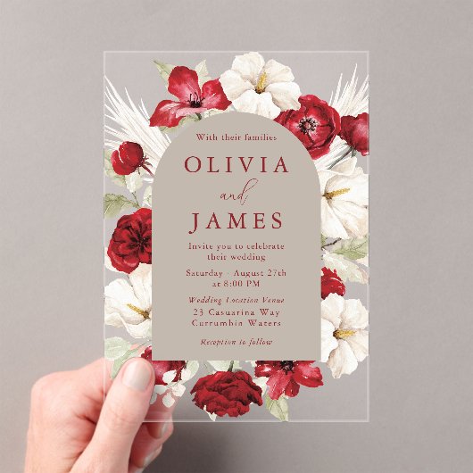 Schöne romantische Ruby Red Floral Frame Wedding Acryleinladungen (Insitu (Handheld))