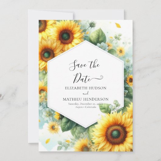 Schöne romantische Sonnenblumenhochzeit Save The Date (Vorderseite)
