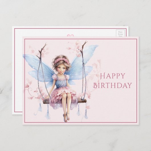 Schöne Rosa & Blau Fee auf Swing Postkarte (Vorne/Hinten)