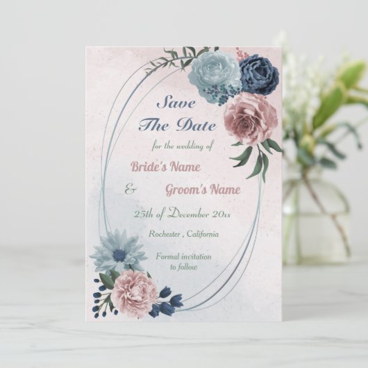 schöne rosa blaue Blumengeometrie Save The Date (Stehend Vorderseite)
