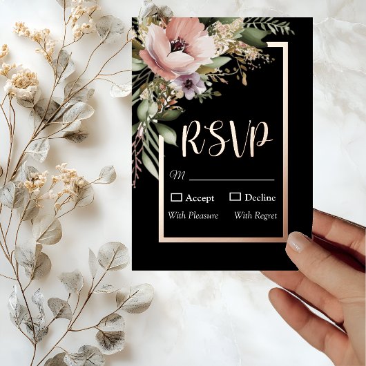 Schöne rosa Blume auf Rose Gold Wedding RSVP Folieneinladung