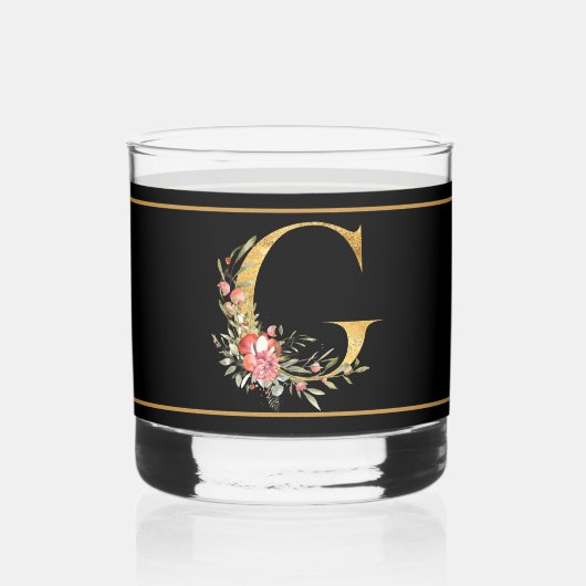 Schöne rosa Blume dekoriert Gold Monogram G Whiskyglas (Vorderseite)