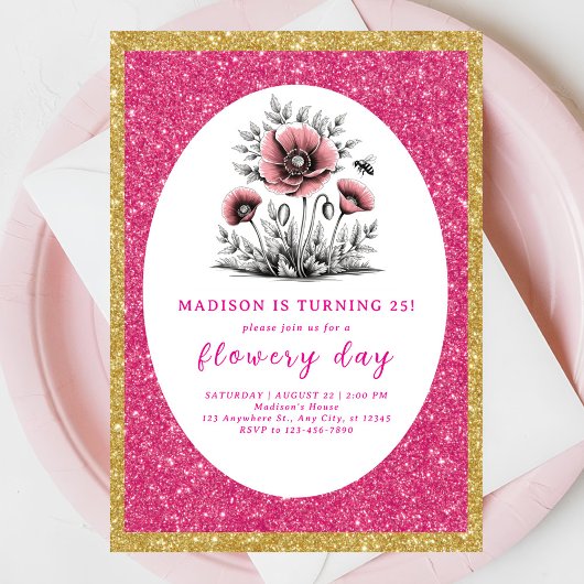 Schöne rosa Blume Geburtstag Einladung