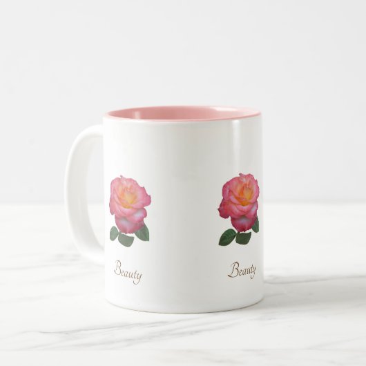 Schöne Rosa Blume & Kalligraphie auf Weiß Zweifarbige Tasse (Vorderseite Links)