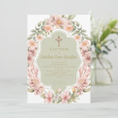 Schöne rosa Blume Katholische Taufe Einladung (Stehend Vorderseite)