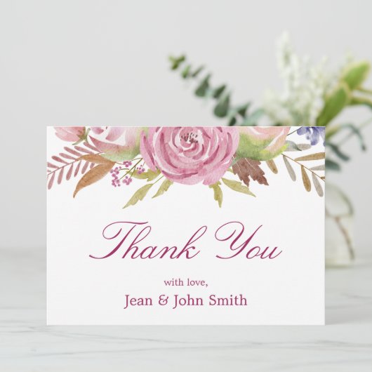 Schöne rosa Blume mit Blätter Dankeskarte (Stehend Vorderseite)