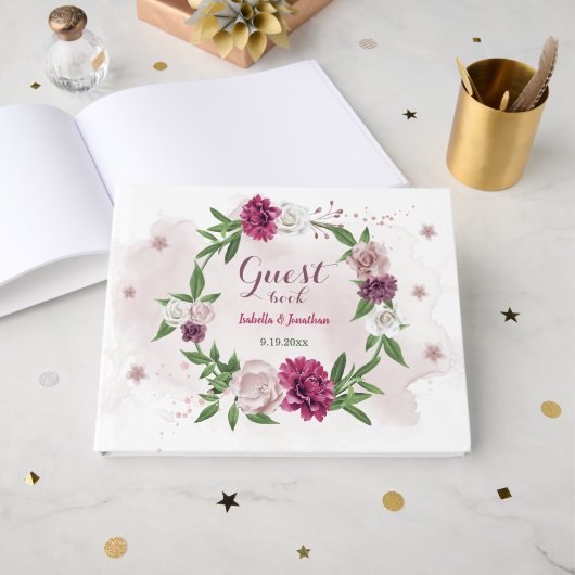 schöne, rosa Blume mit bordeauxfarbenen Pflanzen Gästebuch (Vorderseite Offen)