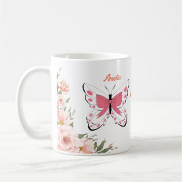 Schöne rosa Blume Schmetterlinge Name Monogramm Kaffeetasse