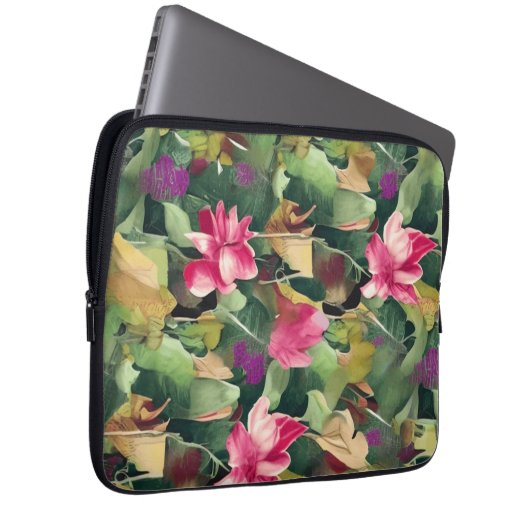 Schöne rosa Blume und tropisches Leaf-Muster Laptopschutzhülle (Vorne Rechts)