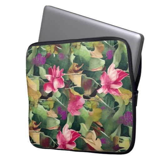 Schöne rosa Blume und tropisches Leaf-Muster Laptopschutzhülle (Vorderseite Links)