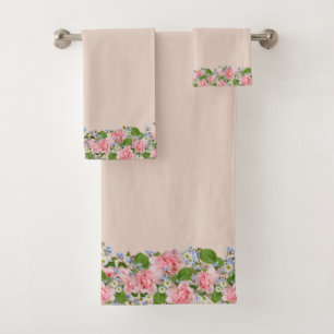 Schöne rosa Blumen auf hellem Sand Beige Badhandtuch Set