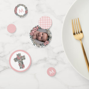 Schöne rosa Blumenrahmen Cross Foto Taufe Konfetti