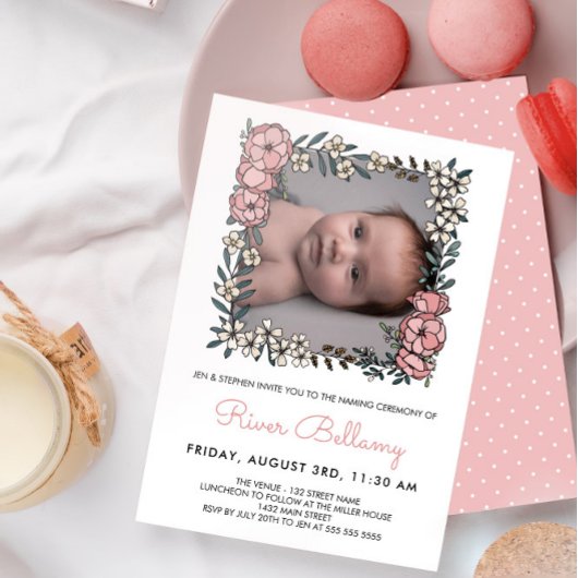 Schöne Rosa Blumenrahmen Foto Namensfeier Einladung