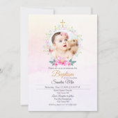 Schöne rosa Blüte mit Foto Taufe Einladung (Vorderseite)