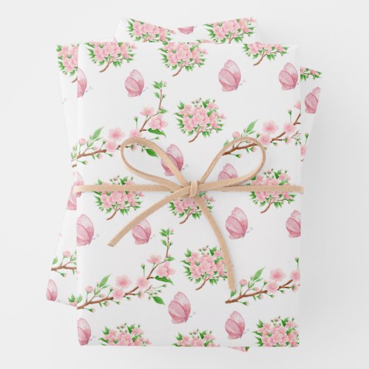 Schöne rosa Blüten und rosa Schmetterlinge Geschenkpapier Set (Beispiel)
