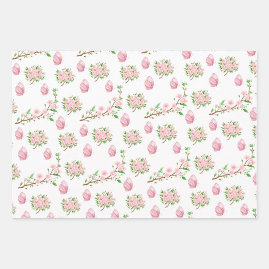 Schöne rosa Blüten und rosa Schmetterlinge Geschenkpapier Set (Vorderseite)
