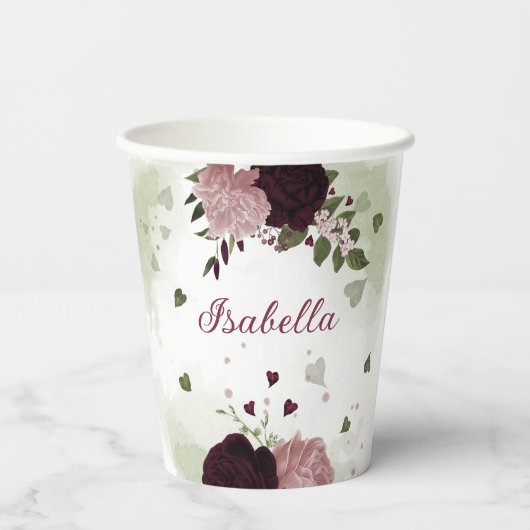 schöne, rosa bordeauxfarbene Blume Pappbecher (Rückseite)