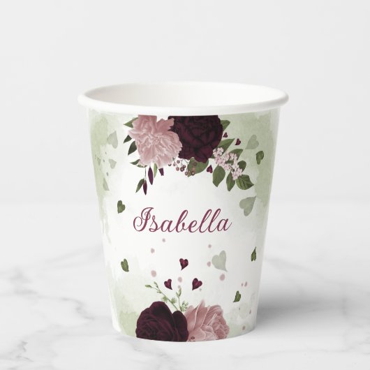 schöne, rosa bordeauxfarbene Blume Pappbecher (Vorderseite)