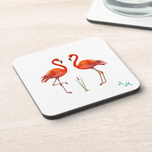 Schöne rosa Flamingo Vögel & Monogram auf Weiß Getränkeuntersetzer (Linke Seite)