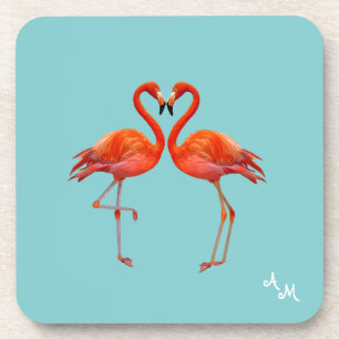 Schöne rosa Flamingos und Monogramm auf Hellblau Getränkeuntersetzer
