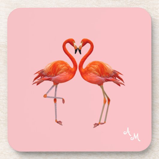 Schöne rosa Flamingos und Monogramm auf hellrosa Getränkeuntersetzer (Vorderseite)