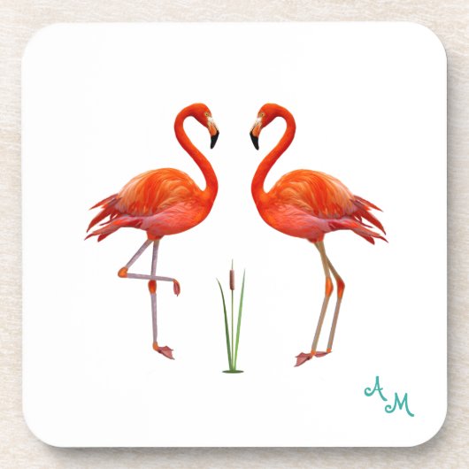 Schöne rosa Flamingovögel & Monogramm auf Weiß Getränkeuntersetzer (Vorderseite)
