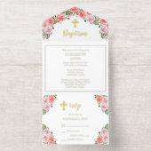 Schöne rosa Flora Trinity Cross Girl Taufe All-in-One-Einladung (Innenseite)