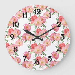 Schöne rosa Gartenblumen Aquarell Große Wanduhr