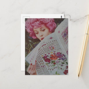 Schöne rosa Haare Retro-Dame aus 1959 Postkarte