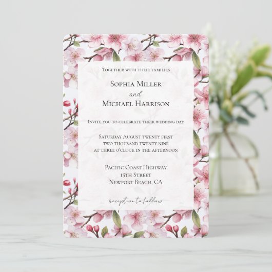 Schöne rosa Kirschblüten Hochzeit Einladung (Stehend Vorderseite)
