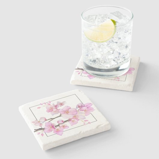 Schöne rosa Kirschblüten Steinuntersetzer (Seitenansicht)