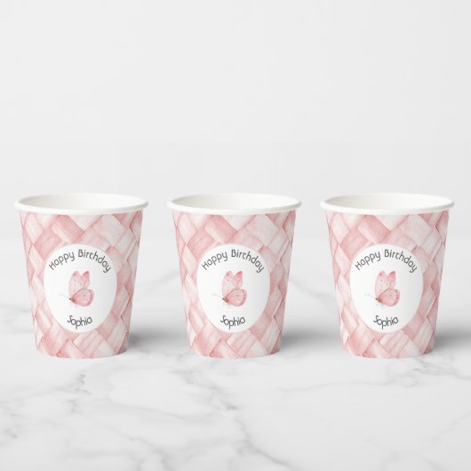 Schöne rosa Korbgeflecht-Schmetterling Geburtstag Pappbecher (Multi)