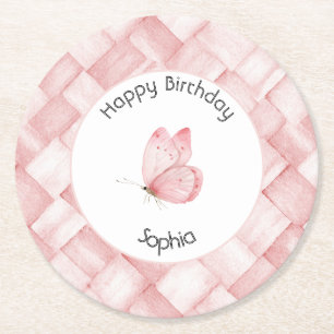 Schöne rosa Korbgeflecht-Schmetterlings-Geburtstag Runder Pappuntersetzer