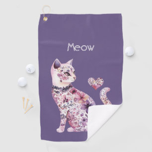 Schöne rosa lila Herzen Rosen floral Katze Golfhandtuch