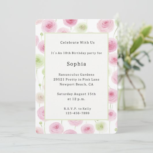 Schöne rosa Minze Ranunculus Geburtstag Einladung (Stehend Vorderseite)