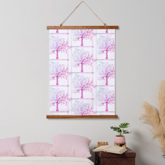 Schöne rosa Moderne Bäume des Lebens Kunst Wandteppich Mit Holzrahmen (Schlafzimmer)