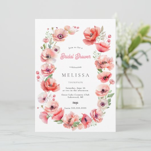 Schöne rosa Mohn Brautdusche Einladung (Stehend Vorderseite)