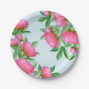 Schöne rosa Pfingstrosen Bouquet Pappteller